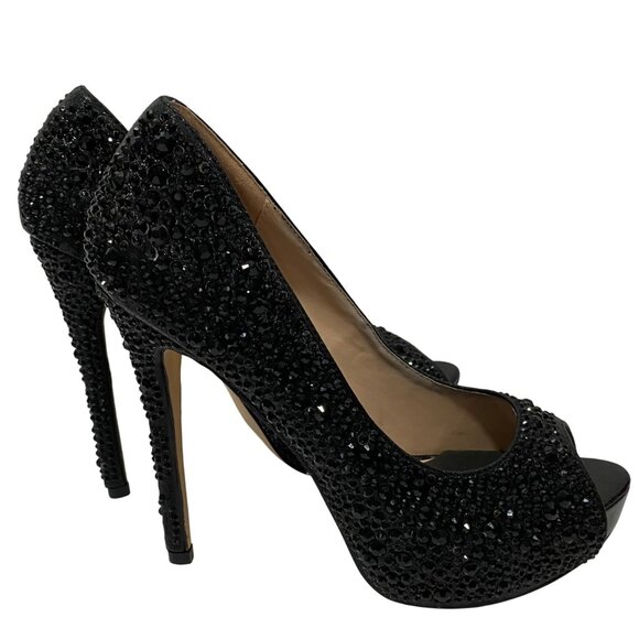 Black Rhinestone Peep-Toe Stiletto Heels Womens Size 9 By Foot Pedals - Picture 1 of 8